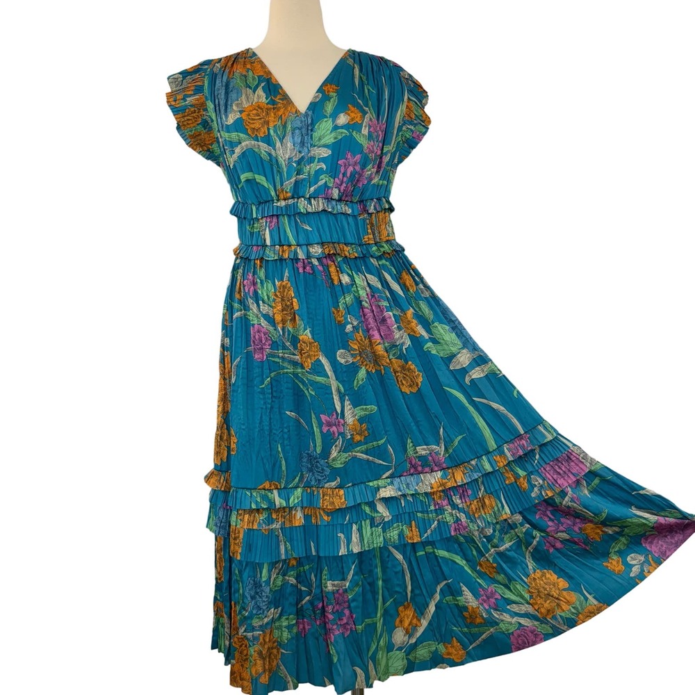 Current Air Teal Floral Midi Dress with Yellow & Purple Accents